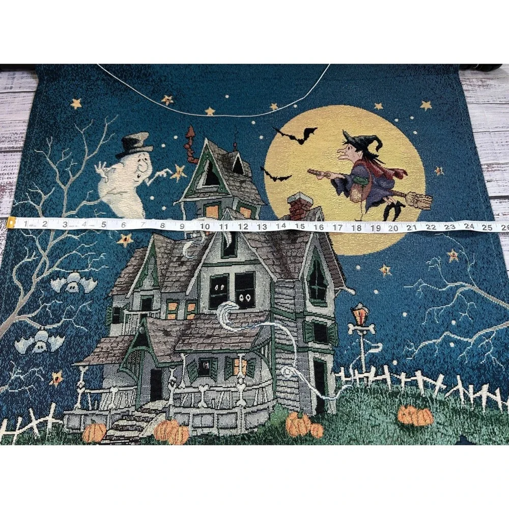VTG MWW Boo Hill Light Up Halloween Tapestry Whimsigoth Haunted House 26x36
